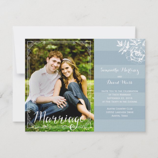 Blue Floral Stripe Wedding Invitation Announcement (Front)