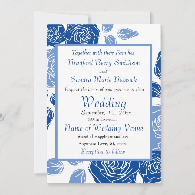 Blue Floral Stylish Rose Chic Simple Wedding Invitation (Front)