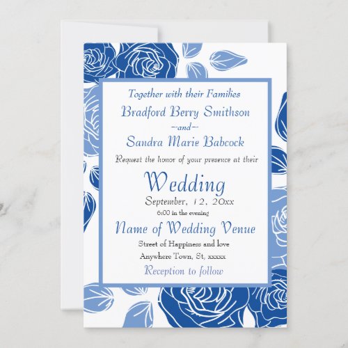 Blue Floral Stylish Rose Chic Simple Wedding Invitation