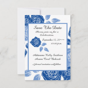 Blue Floral Stylish Rose Chic Simple Wedding Save The Date