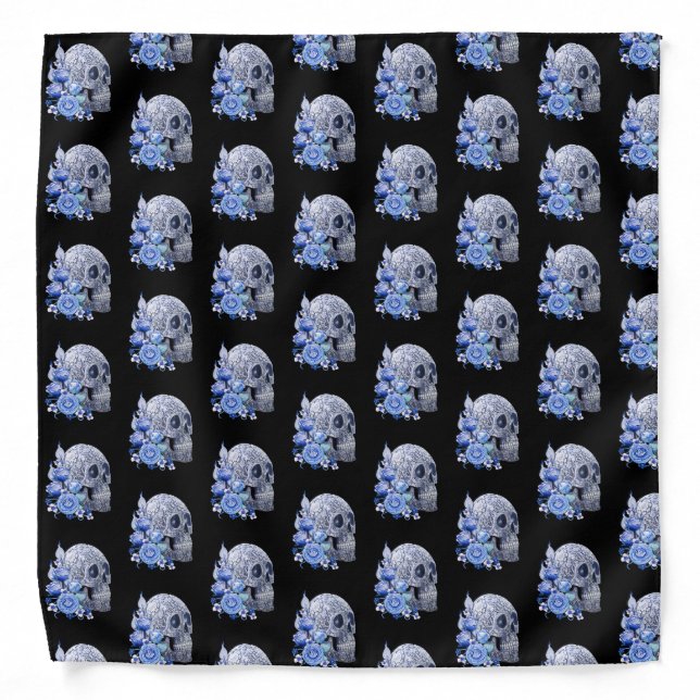 Blue Floral Sugar Skull Blue Flowers Bandana (Front)