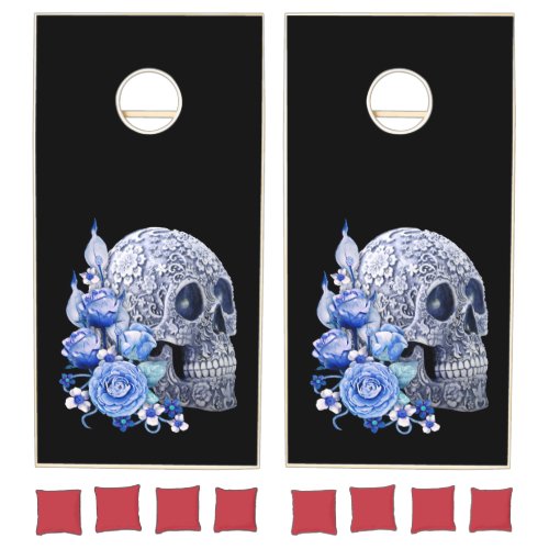 Blue Floral Sugar Skull Blue Flowers Cornhole Set