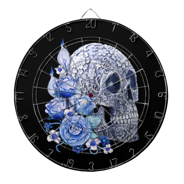 Blue Floral Sugar Skull Blue Flowers Dart Board (Front)