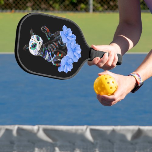 Blue Floral Sugar Skull Day Of The Dead Cat Pickleball Paddle