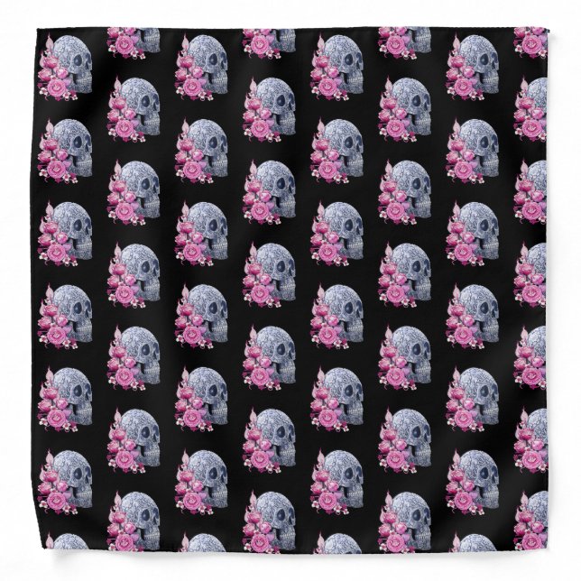 Blue Floral Sugar Skull Pink Flowers Bandana (Front)