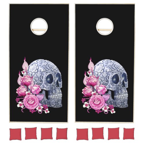 Blue Floral Sugar Skull Pink Flowers Cornhole Set