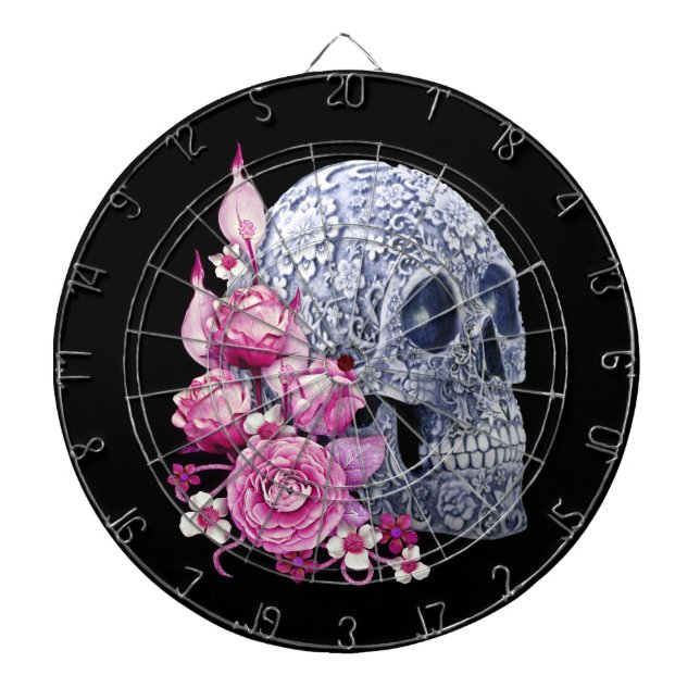 Blue Floral Sugar Skull Pink Flowers Dart Board (Front)