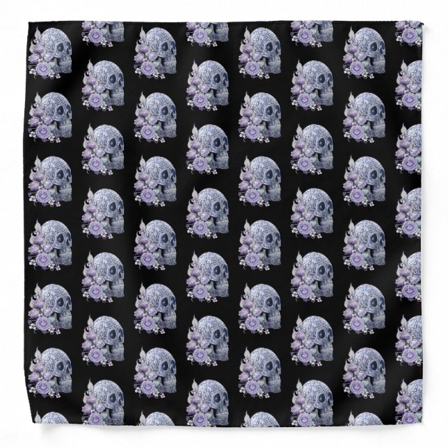 Blue Floral Sugar Skull Purple Flowers Bandana (Front)