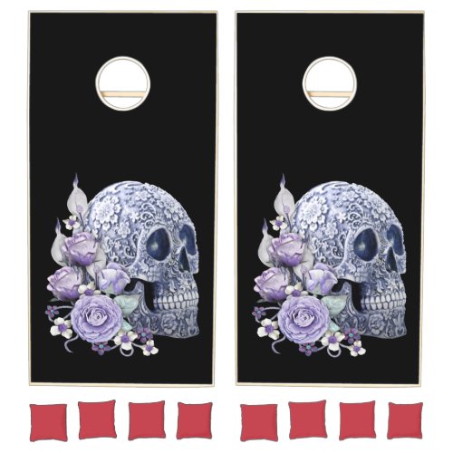 Blue Floral Sugar Skull Purple Flowers Cornhole Set