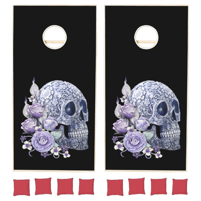 Blue Floral Sugar Skull Purple Flowers Cornhole Set (Set)