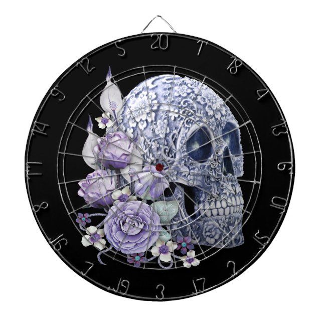 Blue Floral Sugar Skull Purple Flowers Dart Board (Front)