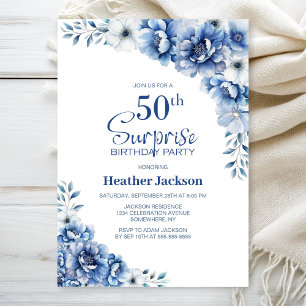 Blue Floral Surprise 50th Birthday Party Invitation