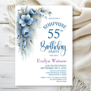 Blue Floral Surprise 55th Birthday Party Invitation