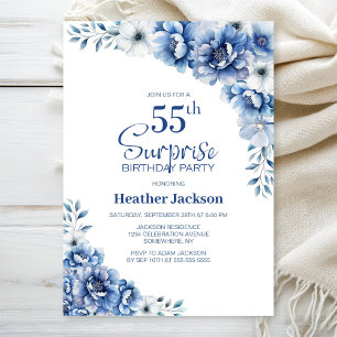Blue Floral Surprise 55th Birthday Party Invitation