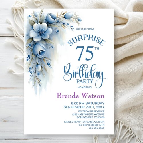 Blue Floral Surprise 75th Birthday Party Invitation