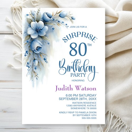 Blue Floral Surprise 80th Birthday Party Invitation