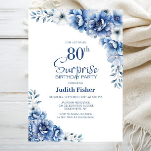 Blue Floral Surprise 80th Birthday Party Invitation
