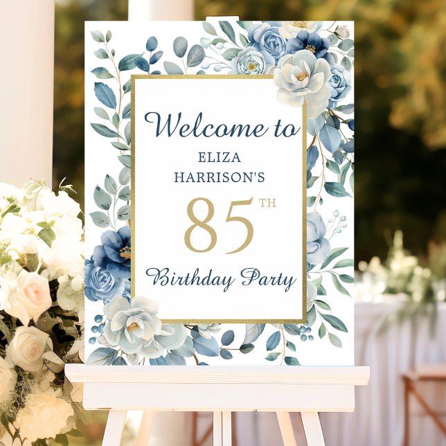 Blue Floral Surprise 85th Birthday Party Welcome Foam Board (Creator Uploaded)
