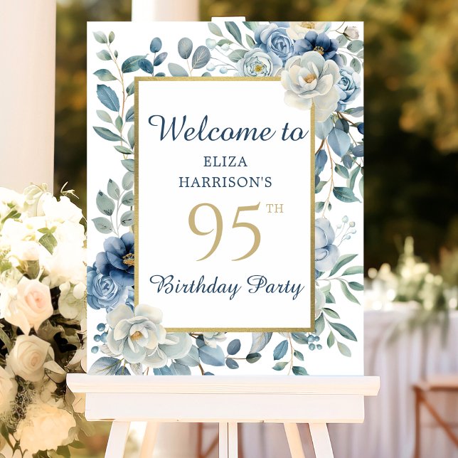 Blue Floral Surprise 95th Birthday Party Welcome Foam Board (Creator Uploaded)