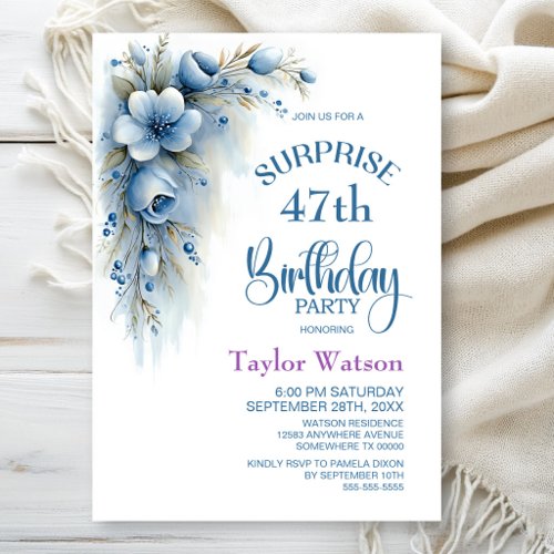 Blue Floral Surprise Any Age Birthday Party Invitation