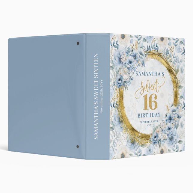 Blue Floral Sweet 16 Memory Binder Glitter Gold (Background)