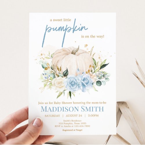 Blue Floral Sweet Little Pumpkin Baby Shower Invitation