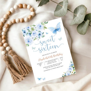 Blue Floral Sweet Sixteen Invitation