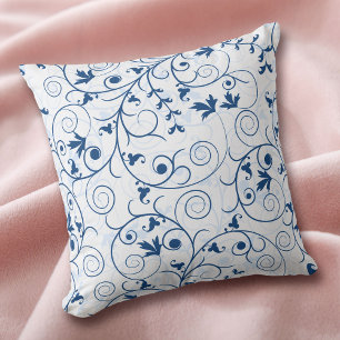 Blue Floral Swirl Pattern on White Throw Pillow