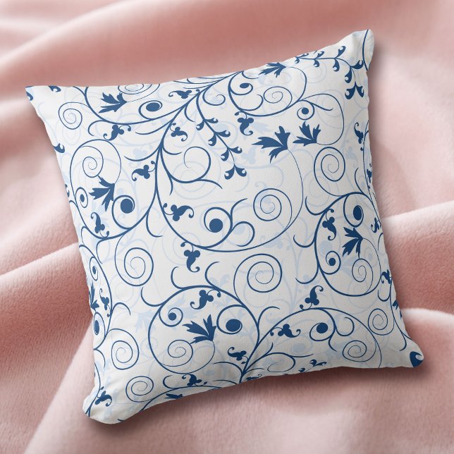 Blue Floral Swirl Pattern on White Throw Pillow (Creator Uploaded)