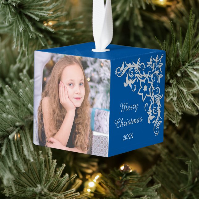 Blue Floral Swirl Photo Template Cube Ornament (Tree)