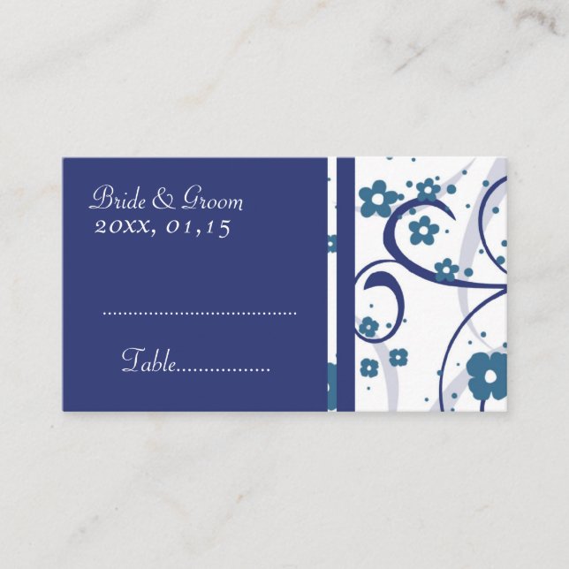 Blue Floral Swirls Wedding Place Setting Cards (Front)