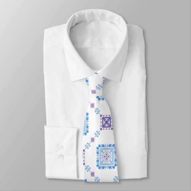 Blue Floral Tatreez Henna Thobe Dress Neck Tie (Tied)