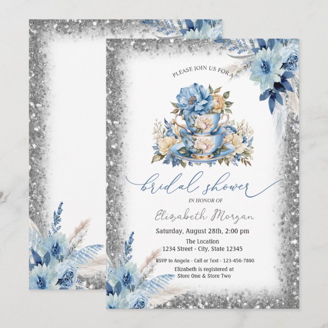 Blue Floral Tea cup Glitter Frame Baby Shower  Invitation (Front/Back)