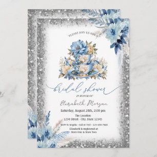 Blue Floral Tea cup Glitter Frame Baby Shower Invitation