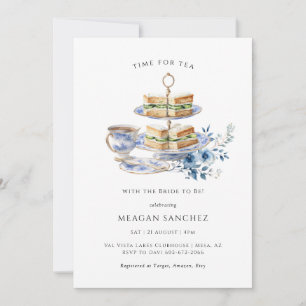 Blue Floral Tea Cup   Tea Sandwiches Bridal Shower Invitation
