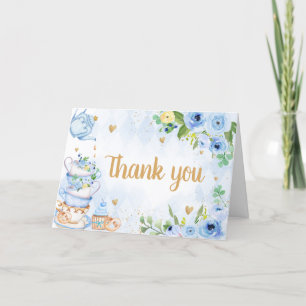 Blue Floral Tea Party Baby Shower Letterpress Thank You Card