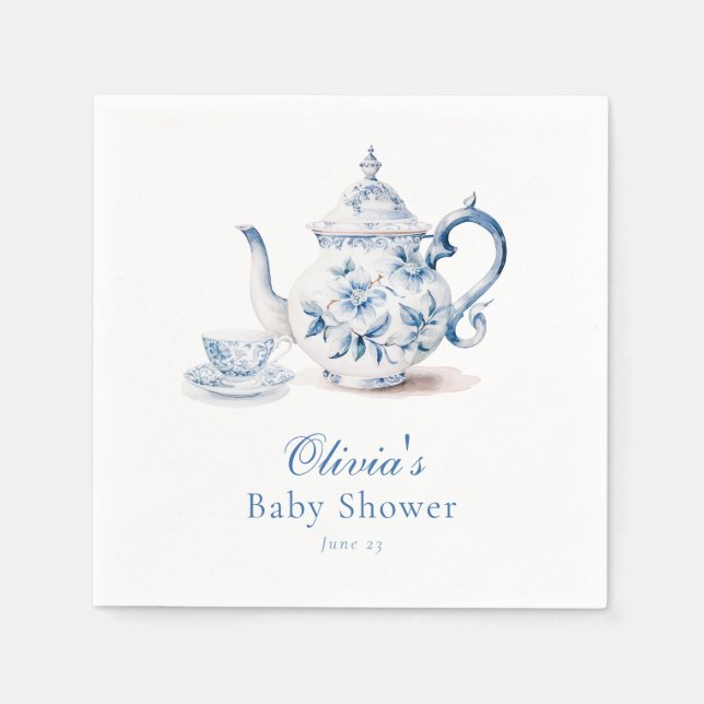 Blue Floral Tea Party Baby Shower Napkins (Front)