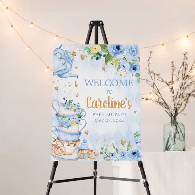 Blue Floral Tea Party Baby Shower Welcome Sign (In Situ (Stand))