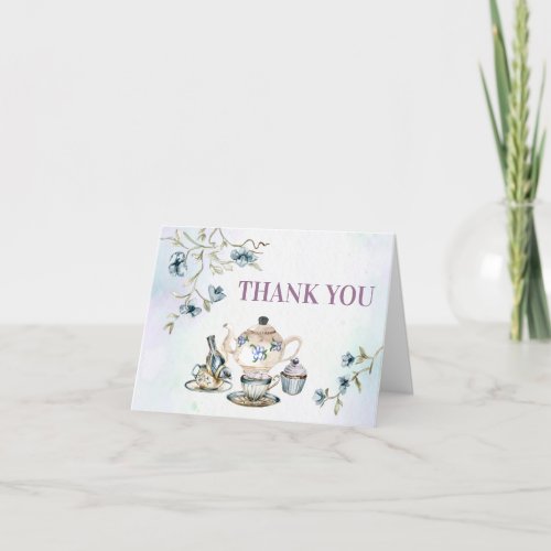 Blue floral tea party bridal shower thank you card