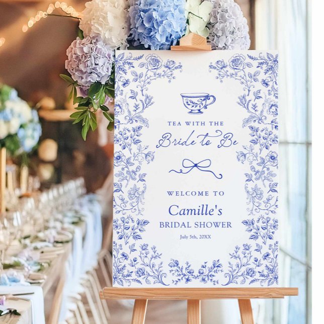 Blue Floral Tea Party Bridal Shower Welcome Sign (Blue Floral Tea with the bride to be welcome sign)