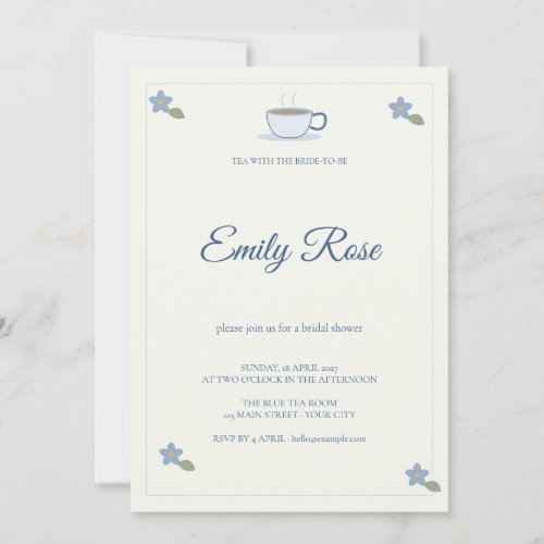 Blue Floral Tea Party Script Bridal Shower Invitation
