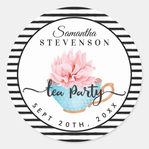 Blue Floral Tea Party Teacup Stripe Baby Shower Classic Round Sticker