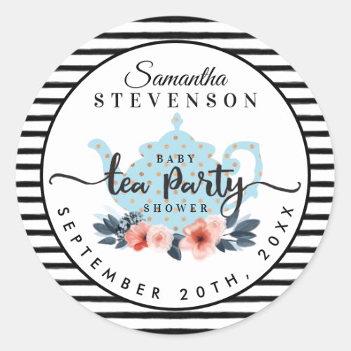 Blue Floral Tea Party Teapot Stripe Baby Shower Classic Round Sticker