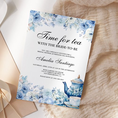 Blue Floral Tea With Bride To Be Bridal Shower Invitation