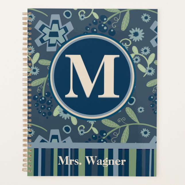 Blue Floral Teacher Personalized Monogram Name  Planner (Front)