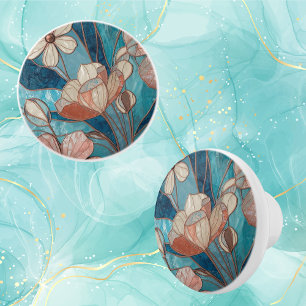 Blue Floral Teal Blush  Ceramic Knob