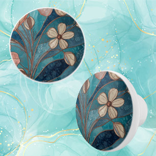 Blue Floral Teal Cream Ceramic Knob