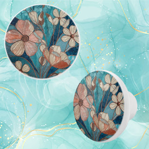 Blue Floral Teal Cream Copper Ceramic Knob