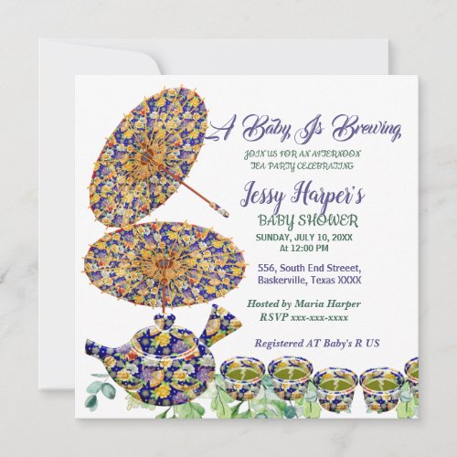 Blue Floral Teapot Afternoon Tea Party Baby Shower Invitation