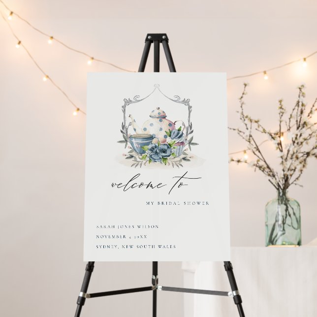 Blue Floral Teapot Crest Bridal Shower Welcome Foam Board (In Situ (Stand))
